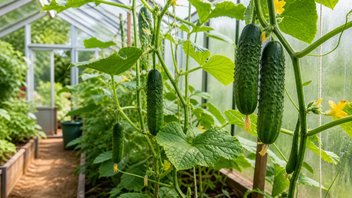Agurkplanter med grønne frukter i et norsk drivhus