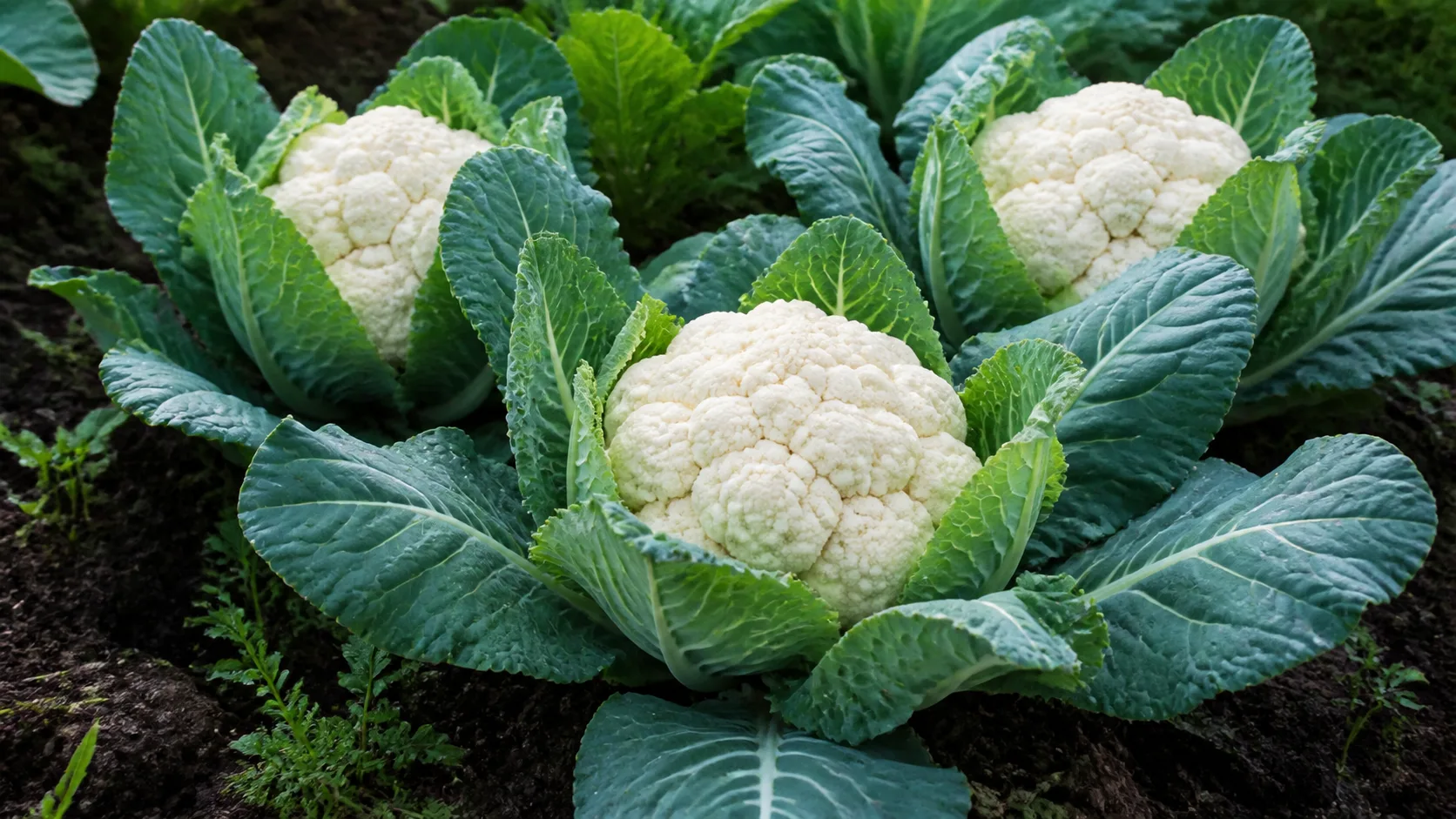 Blomkålplanter med hvite hoder og store blader i norsk kjøkkenhage