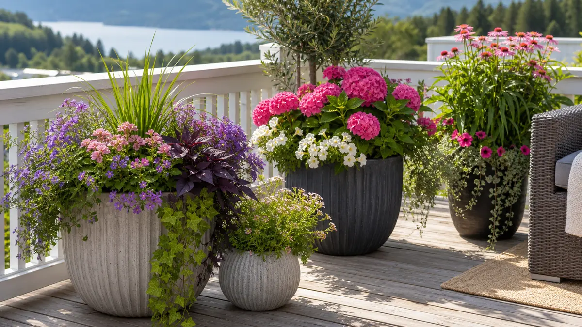 Sommerblomster i store krukker på norsk terrasse