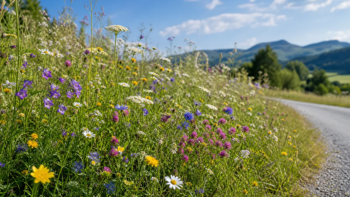 Blomstereng langs en solrik veikant med norske sommerfarger