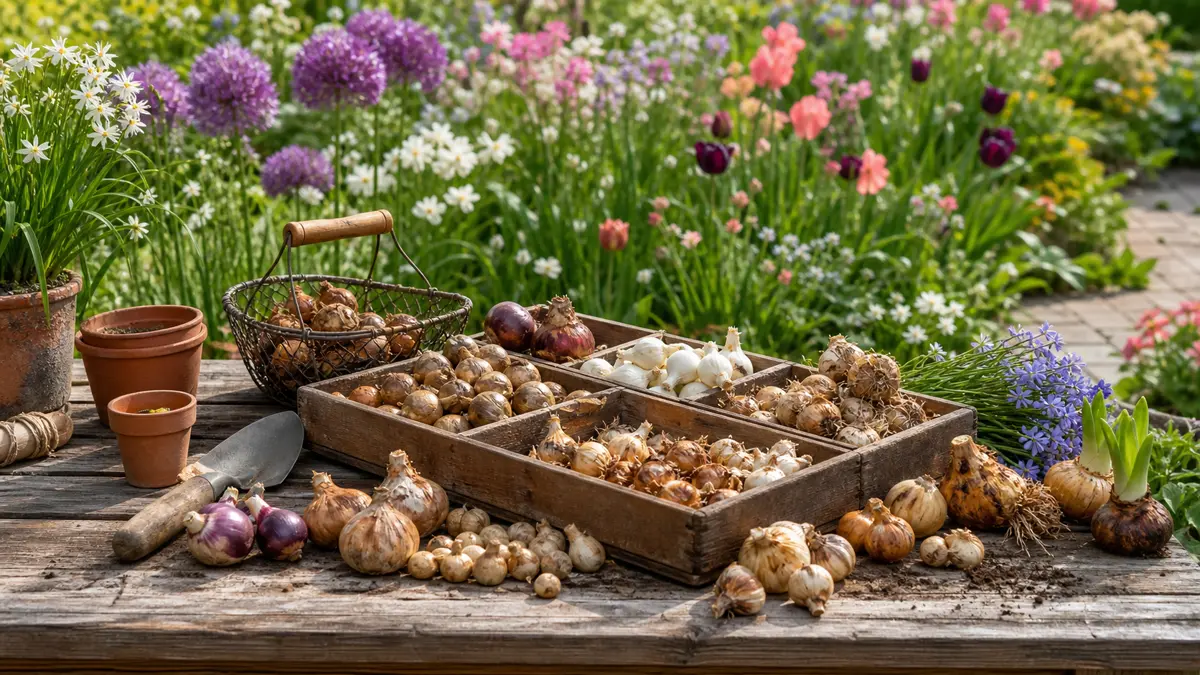 Blomsterløk sortert på hagebord med blomstrende bed i bakgrunnen