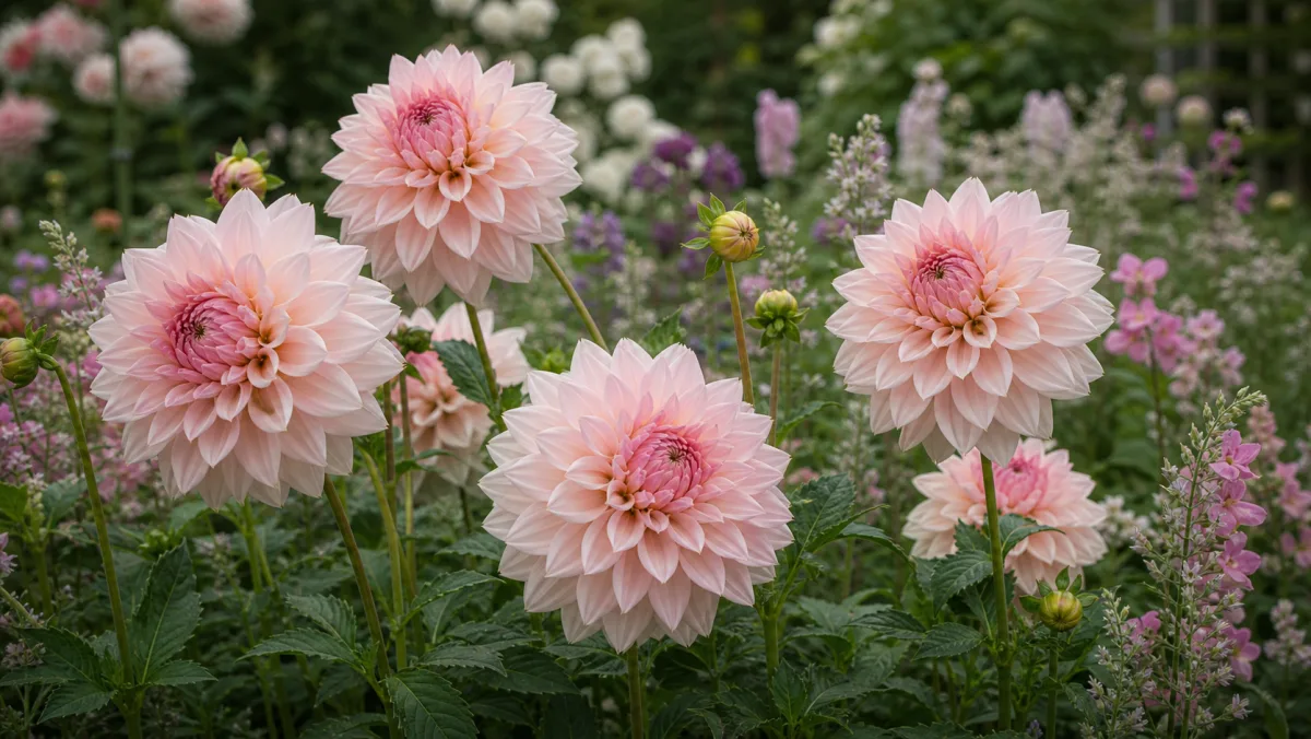 Rosa cafe-au-lait georginer i et mykt blomsterbed