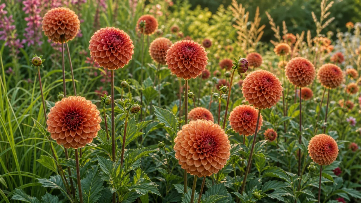 Bronsefargede ballgeorginer i et moderne blomsterbed