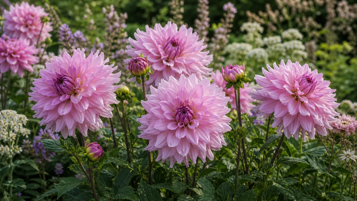 Lavendelrosa georginer med store blomster i sommerlys