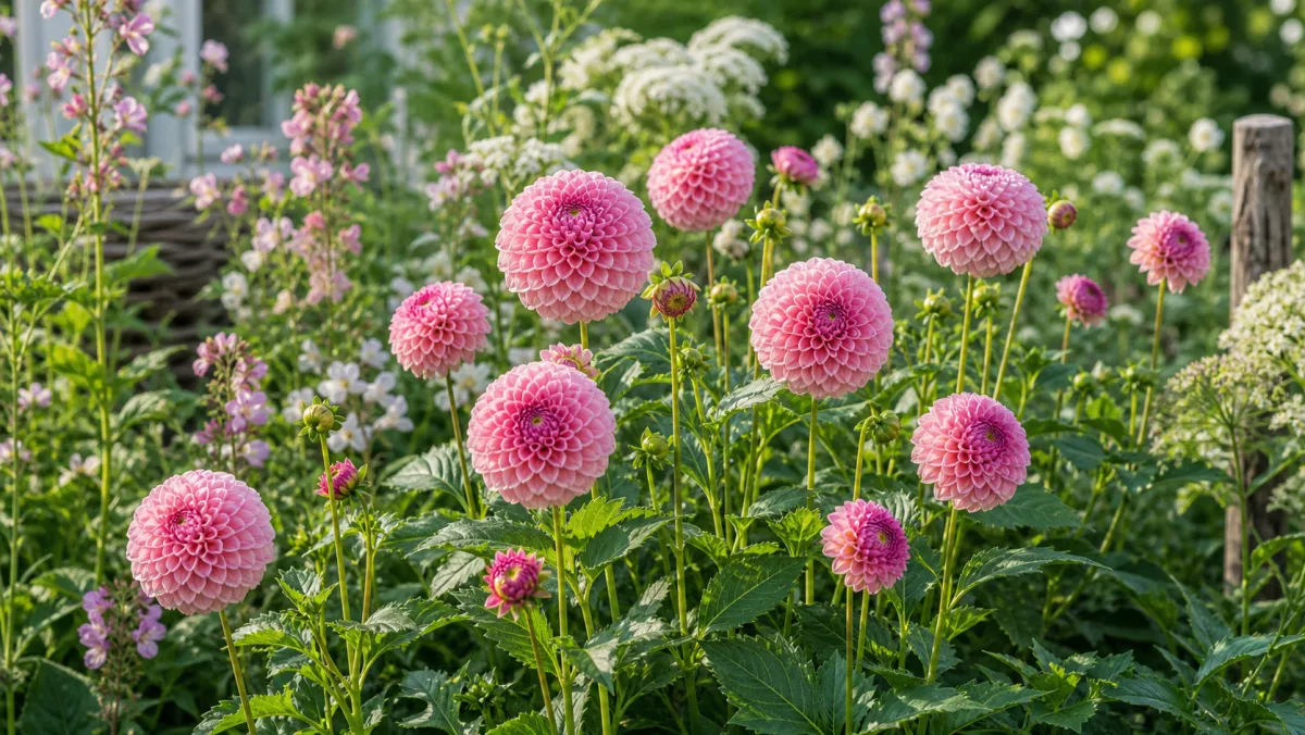 Rosa pompongeorginer i et nostalgisk sommerbed