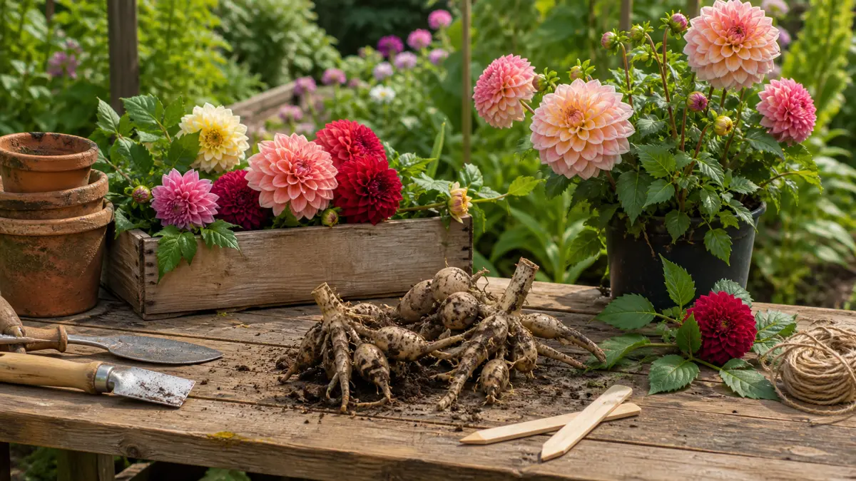 Georgineknoller, plantemerker og blomstrende georginer i norsk hage