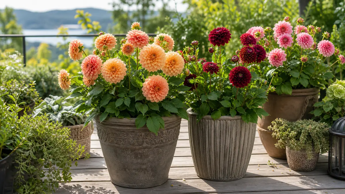 Georginer i store krukker på terrasse med frodig sommerblomstring