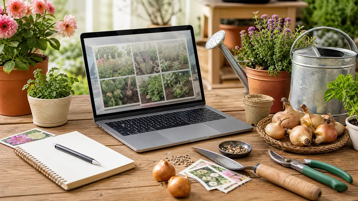 Laptop med hageplan, notatbok, frø og blomsterløk på bord