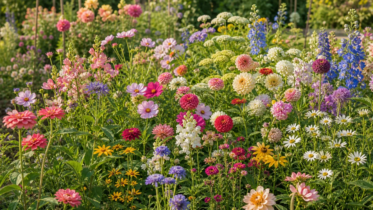 Økologiske snittblomster i blandede farger i et frodig bed