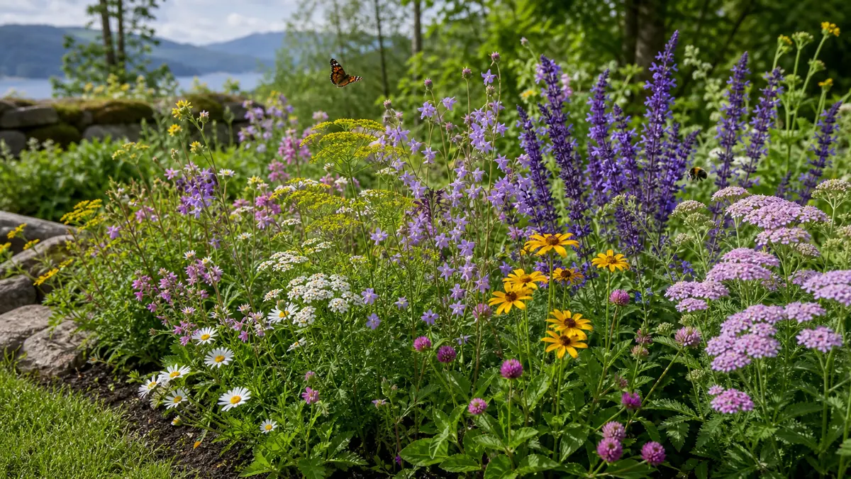 Pollinatorvennlige blomster med humlevennlige enkle blomster i hage