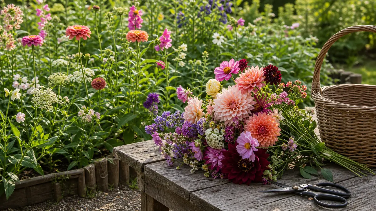 Snittblomster dyrket fra frø klare for bukett i norsk hage