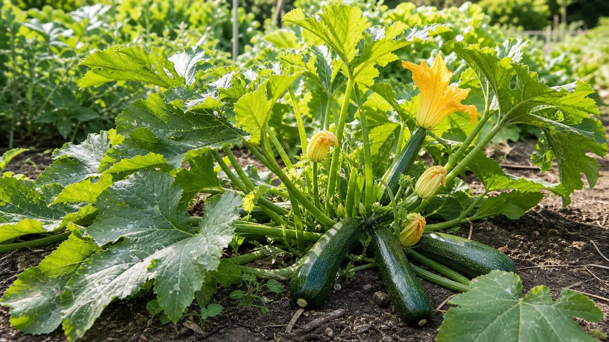 Squashplanter med gule blomster og grønne frukter i kjøkkenhagen
