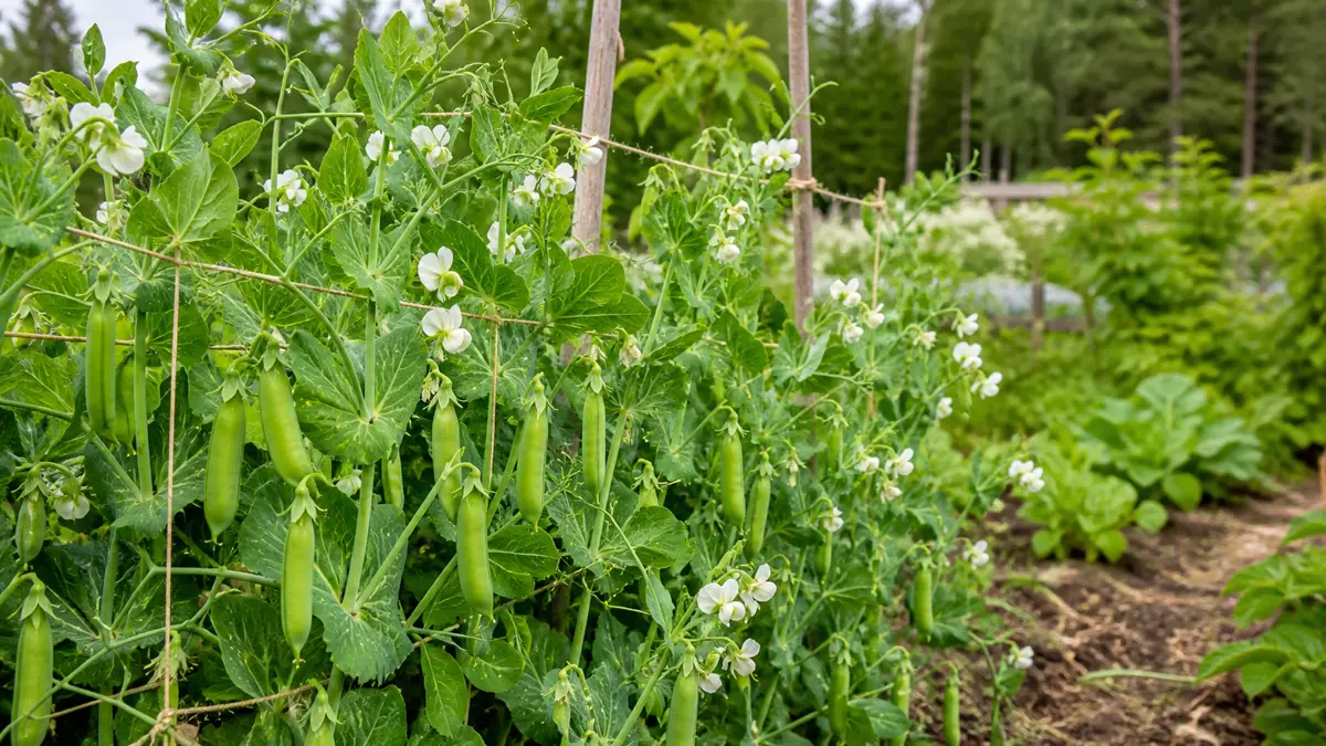 Sukkererter med hvite blomster og grønne belger på klatrestøtte